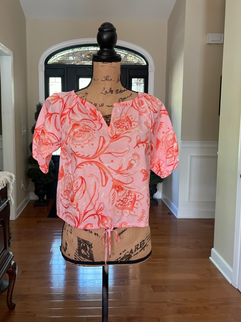 Talbots Fresh Poplin Drawcord Hem Top in Jacobean Fantasia Blouse Petite New